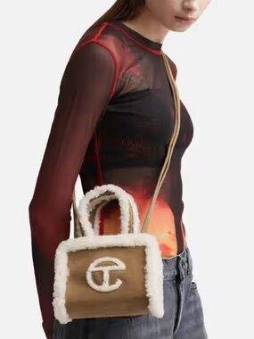 Telfar Mini Shopper in Brown with Cream Shearling Trim